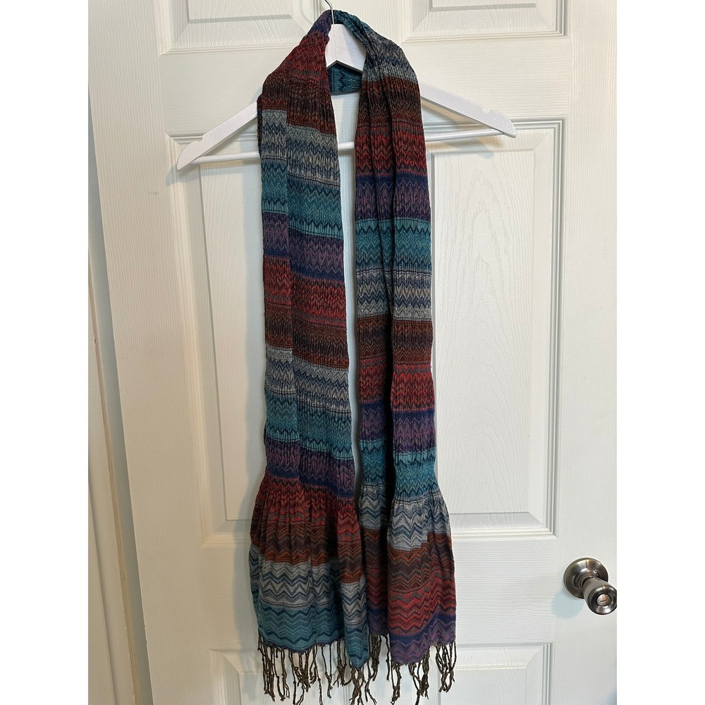 Joy Susan Boho Wrap‎ Scarf Smocked Fringe Zigzag Multicolor Shawl Ruffle Hem